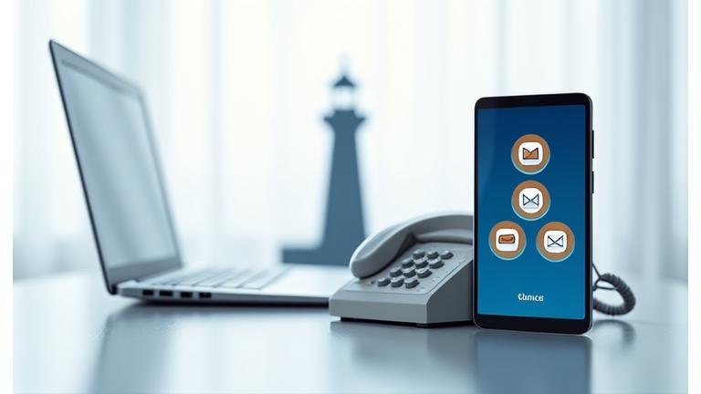 Laikas ir telefonas su švyturio siluetu, simbolizuojantis nuolatinę pagalbą