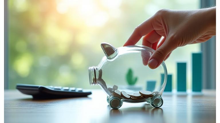 Asmuo, skaičiuojantis santaupas ant skaičiuoklės su monetomis