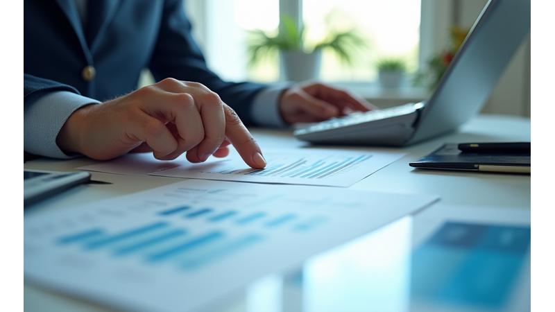 Žmogus žiūri į diagramą ir skaičius, simbolizuojančius finansinės situacijos analizę.