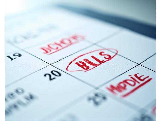 Termino lapeliai ant sienos su grėsmingais priminimais apie sąskaitas, laikas bėga.