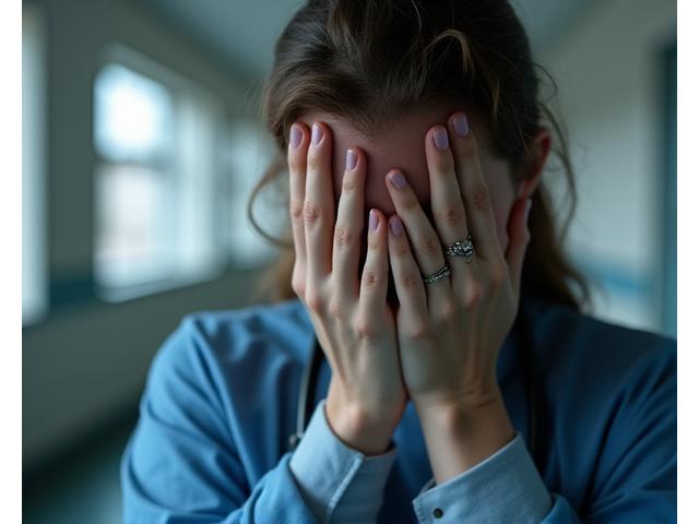 Asmuo laiko galvą rankomis, fone migloti ligoninės vaizdai, simbolizuojantys medicininę skubą.