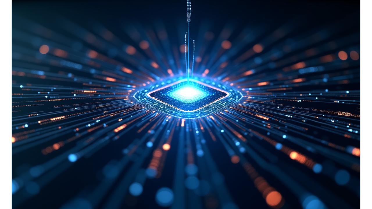 AI procesoriaus branduolio ir šviesos spindulių animacija, technologijos moderniame fone