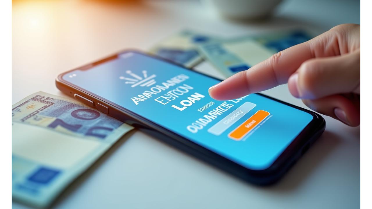 Rankos laikančios telefoną su kredito paraiška ir pinigų kupiūros, simbolizuojančios greitą pinigų gavimą.