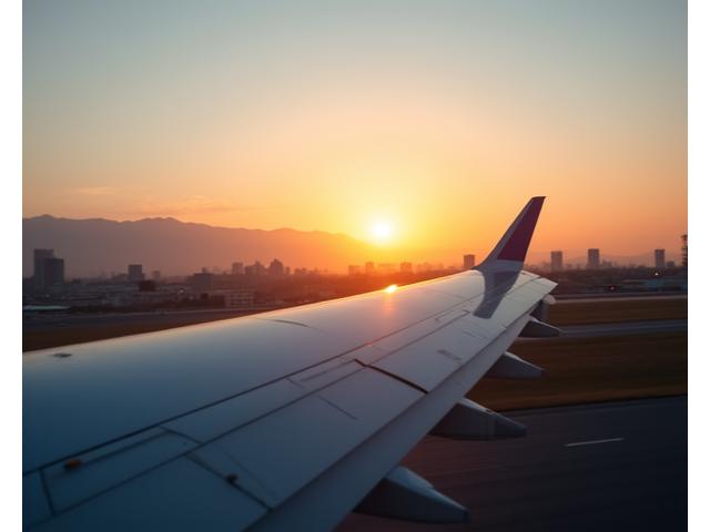 Lėktuvo sparnas pakilimo take saulėlydyje, simbolizuojantis skubią kelionę.