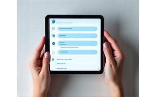 Žmogaus rankos pildančios online formą planšetiniame kompiuteryje, minimalistinis ir modernus dizainas.