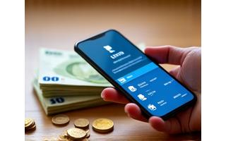 Banknotai ir monetos, ant riešutų medienos stalo, su skaitmeniniu pervedimu per išmanųjį telefoną. Greitos finansinės pagalbos simbolis.