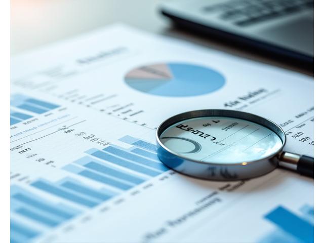 Padidinamasis stiklas tiria kredito ataskaitą su grafomis ir skaičiais