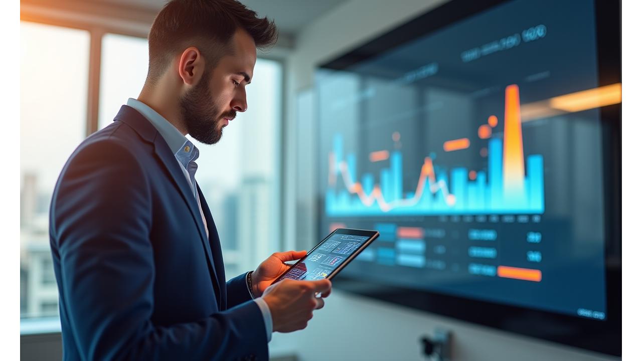 Verslininkas analizuoja finansinę ataskaitą su švyturio logotipu fone. Šviesus, modernus biuras.