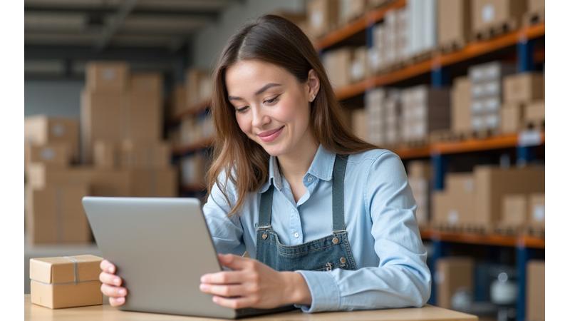 Jauna moteris pakuoja siuntos siuntimui elektroninėje parduotuvėje. Kompiuteris su užsakymų sąrašu fone.