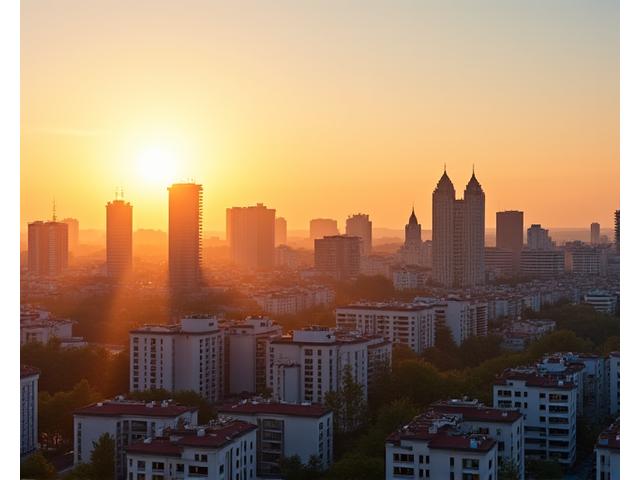 Vilniaus miesto panoraminė nuotrauka su verslo pastatais saulei leidžiantis. Šilta, optimistiška nuotaika.