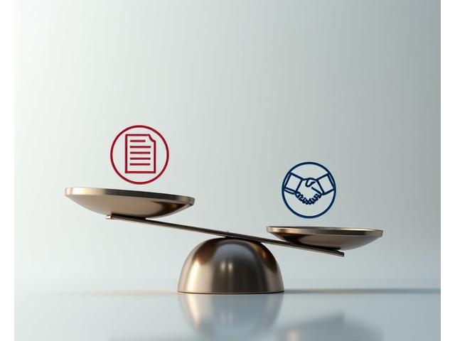 Dvi rankos ant stalo su sutartimi, simbolizuojančios abipuses teises ir pareigas