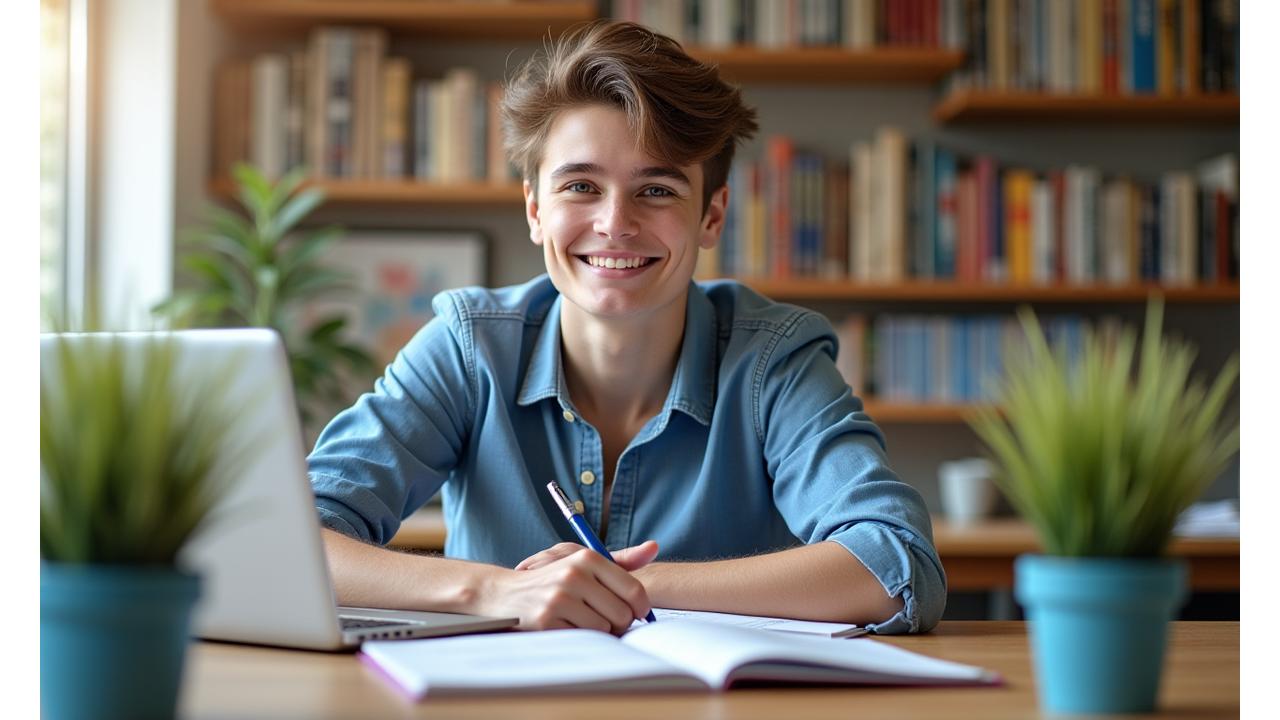 Jaunas studentas mokymosi aplinkoje su knygomis ir kompiuteriu, atspindintis studijas finansinį saugumą.