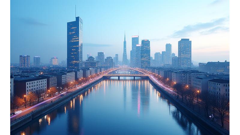 Modernus Vilniaus miesto panoramos vaizdas su Konstitucijos prospektu ir finansų centro pastatais, simbolizuojančiais vietinius privalumus.