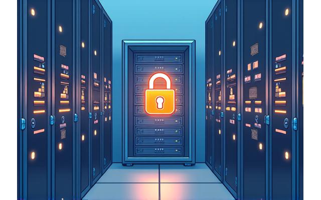 Cisterninė iliustracija, vaizduojanti duomenų saugumą su 256 bitų SSL šifravimu, ugniasienėmis ir saugiais debesų serveriais, su kibernetinio saugumo simboliais.