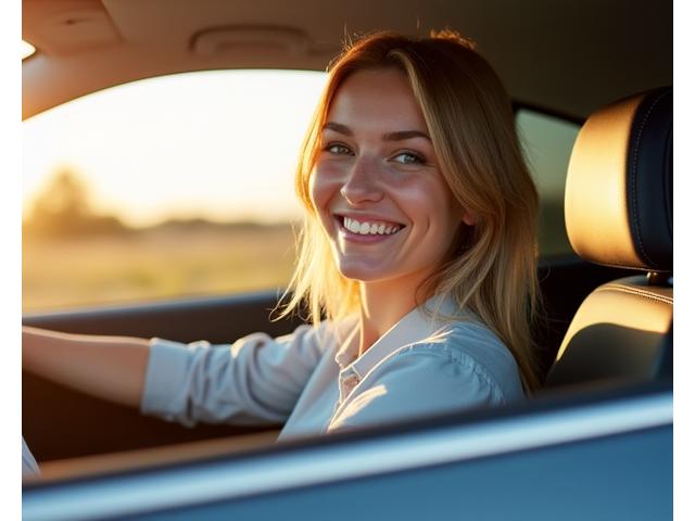 Šypsanti moteris vairuoja naują pilną automobilį, saulėta diena, atspindinti laisvę ir naują pradžią.