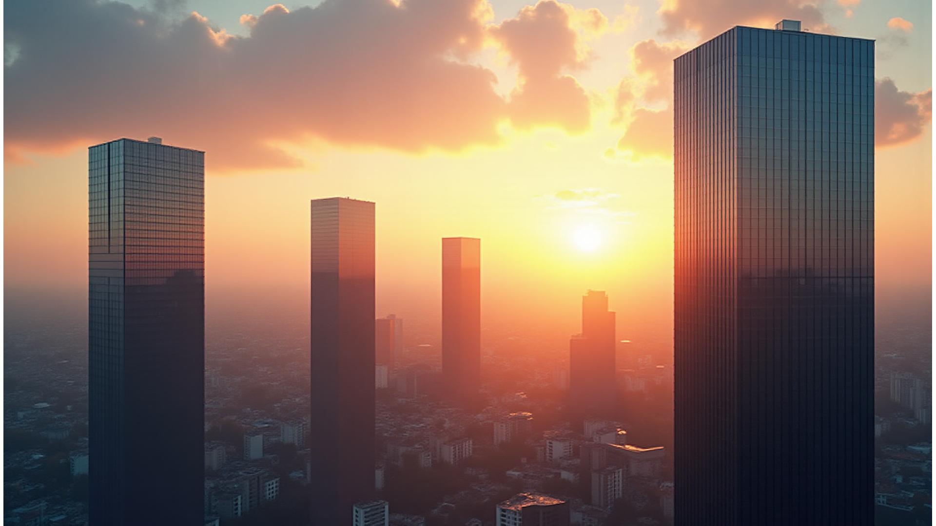 Šiuolaikinis Vilniaus miesto peizažas su saulėtekio šviesomis, simbolizuojantis galimybes ir augimą.