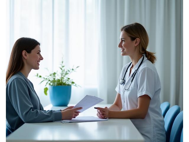 Šypsanti pora aptarnavimo skyriuje aptaria dokumentus, fone moderni medicinos įranga diskretiškai užsimena apie sveikatos priežiūrą.