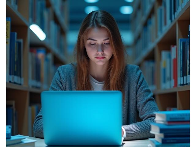 Jauna studentė su knygomis universiteto bibliotekoje, apsuptas modernios aplinkos, atspindinčios žinių ir augimo siekimą.