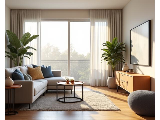 Stilizuotas namų interjeras su moderniais baldais, pro langą šviečia saulė, simbolizuojantis komfortą ir atnaujintą erdvę.